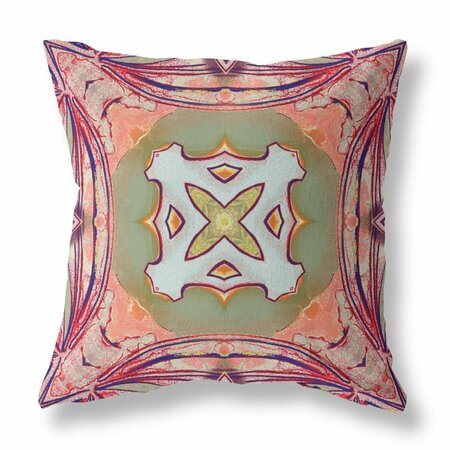 PALACEDESIGNS 16 in. Geo Tribal Indoor & Outdoor Throw Pillow Peach Magenta & Green PA3089605